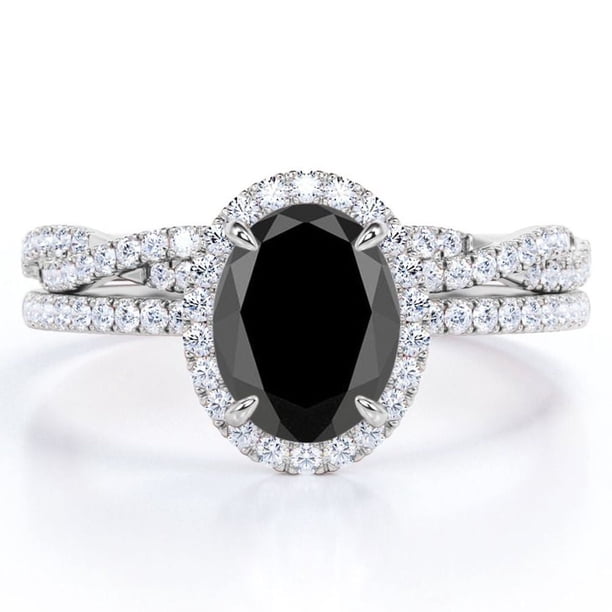 JeenMata Juego de Novia con Forma de Infinito Retorcido de Diamante Negro Cultivado en Laboratorio de 1,75 Quilates y Moissanita Engastado con Halo Pavé en Baño de Oro Blanco de 18 K sobre Plata