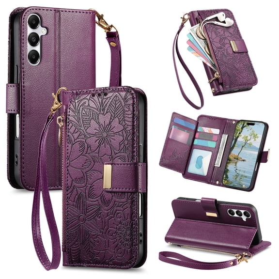 Corliven for Samsung Galaxy A16 5G Case, PU Leather and TPU Hybrid Wallet Cover with Card Pocket, Cash Slot and Lanyard, Purple