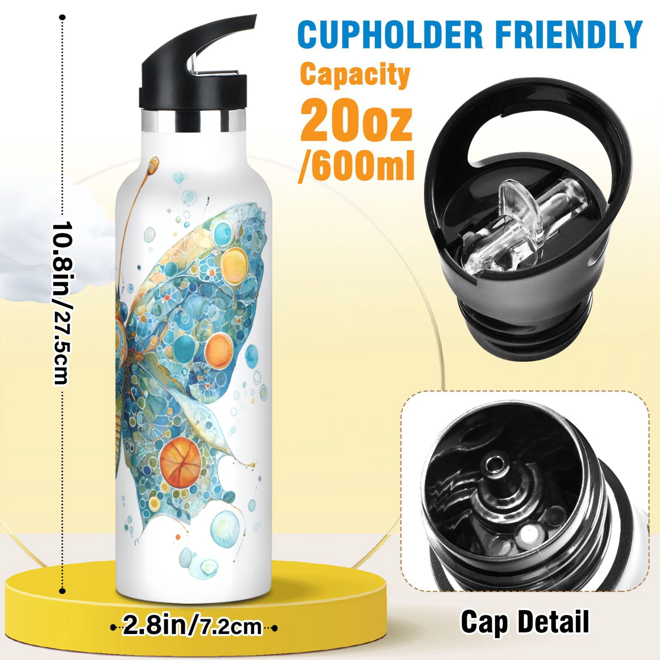 Kids Insulated Stainless Steel Sports Water Bottle 600ml (20oz) Intricately Butterfly