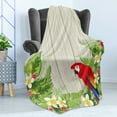 thumbnail image 4 of Parrot Soft Flannel Fleece Throw Blanket, Tropic Flowers and Parrot in Summer Garden Wooden Wall Ferns Artwork, Cozy Plush for Indoor and Outdoor Use, 60" x 80", Cream Green Red, by Ambesonne, 4 of 5