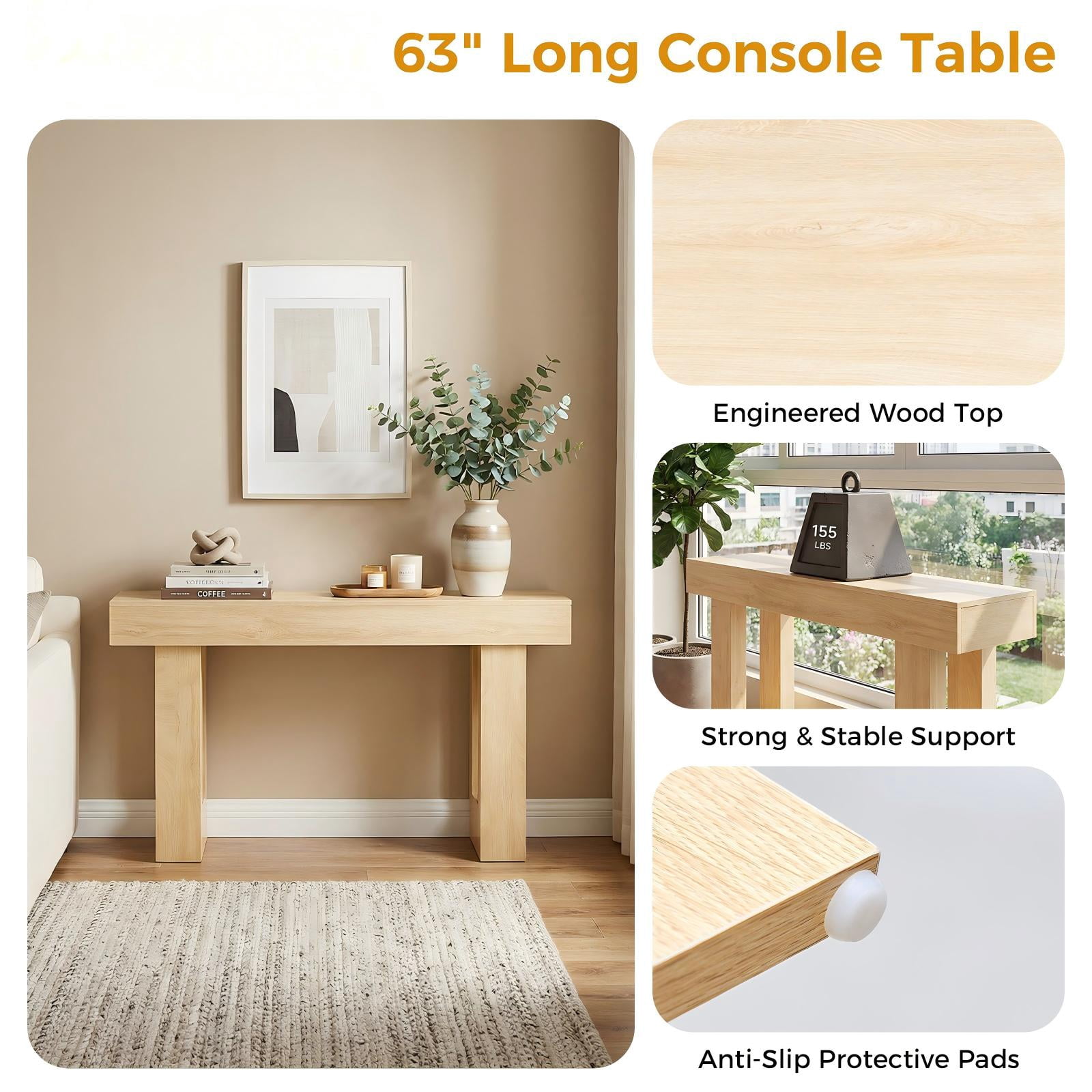 CONCETTA 63-inch Long Console Table, Wooden Farmhouse Sofa Table Behind Couch, Entryway for Hallway, Living Room, Natural Wood