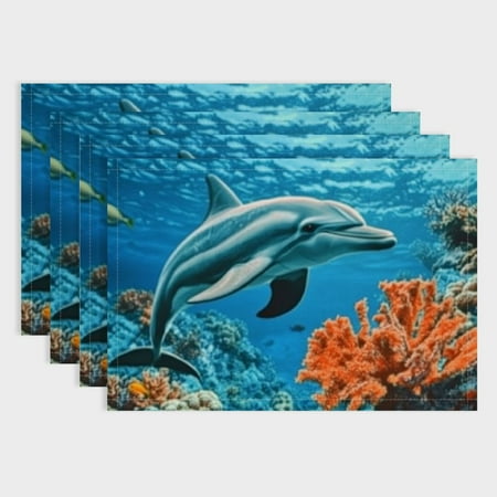 

SHERONV Seabed Coral Fish Dolphins Placemats Set of 4 Heat Resistant Non-Slip Place Mats Indoor Outdoor Table Mats Kitchen Dish Drying Mat Washable Cloth Placemat for Dining Table Decoration 18x12in