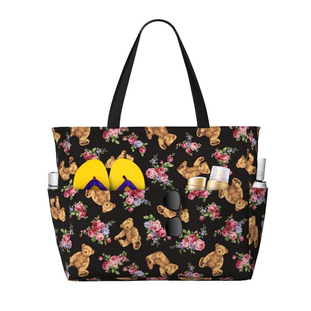 Easygdp Rose Flower Bear Bolsa de Viaje de Playa de Gran Capacidad, Bolsa Tote Perfecta para la Playa, Escapadas de Fin de Semana y Viajes