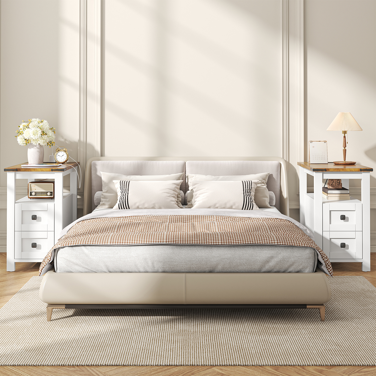 VVFLU Farmhouse End Table with Charging Station, White Nightstand Narrow, Skinny Slim Small, Bedroom
