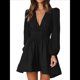thumbnail image 1 of Vestido Mini de Larga con Escote en V Profundo para Mujer, Corte A, Cintura Alta, Informal, Fluido, Ideal para Invitadas de Boda. Negro L, 1 of 10