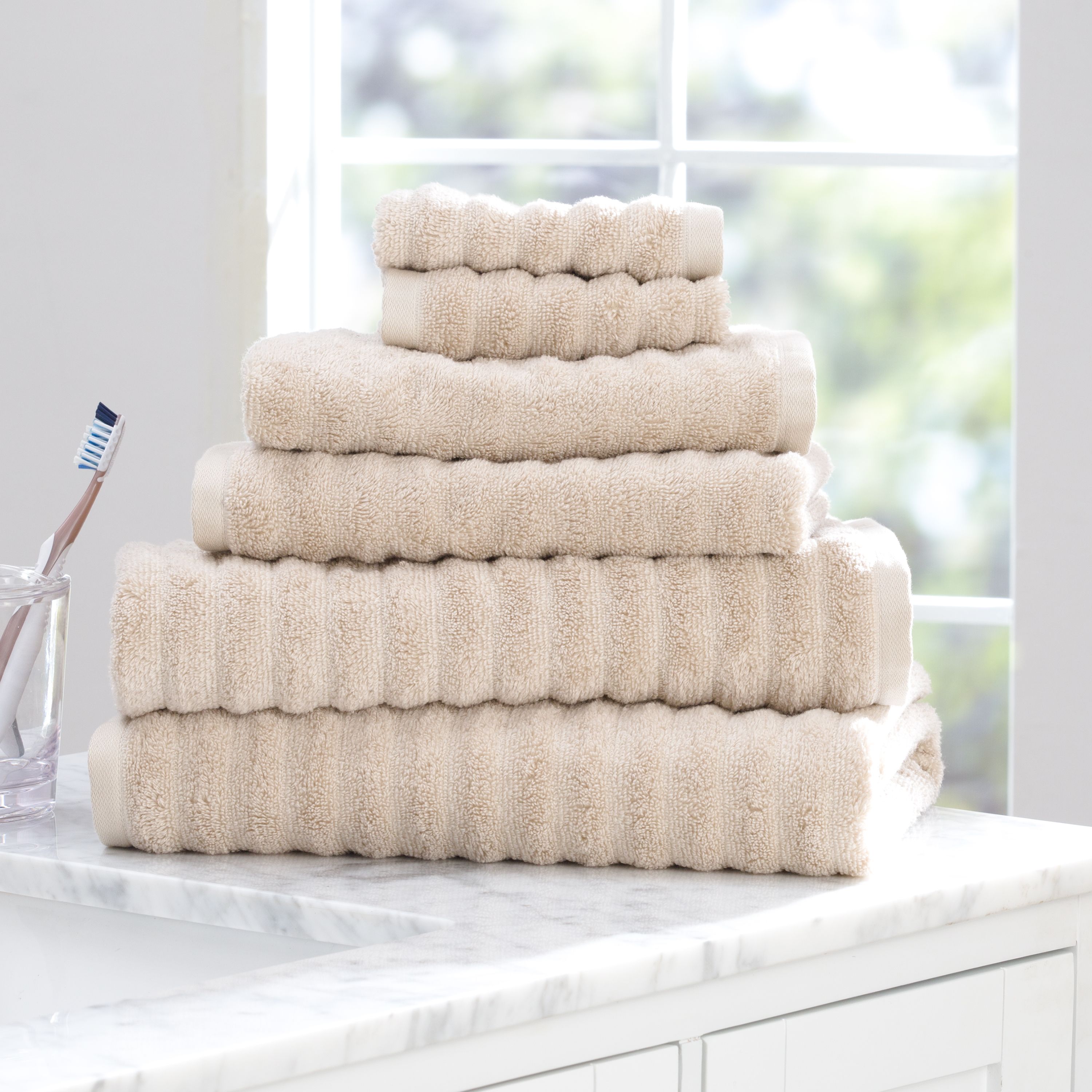 Mainstays 6 Piece Textures Cotton Bath Towel Set, Beige - image 3 of 9