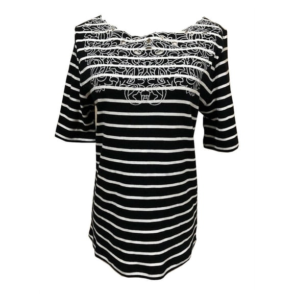 Rafaella Womens Size Small Elbow Sleeve Embroidered Blouse Top, Black/White/Stripe
