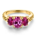 thumbnail image 3 of Gem Stone King 18K Yellow Gold Plated Silver Pink Created Sapphire and Red Created Ruby Filigree Style 3 Stone Ring for Women (2.65 Cttw, Oval 8X6MM and 6X4MM) (Size 7), 3 of 6
