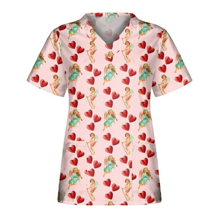 

XHJUN Scrub Tops Women Plus Size Valentine s Day Nurse Uniform Queen Of Hearts Print V Neck Nurse Shirts Hot Pink XXL