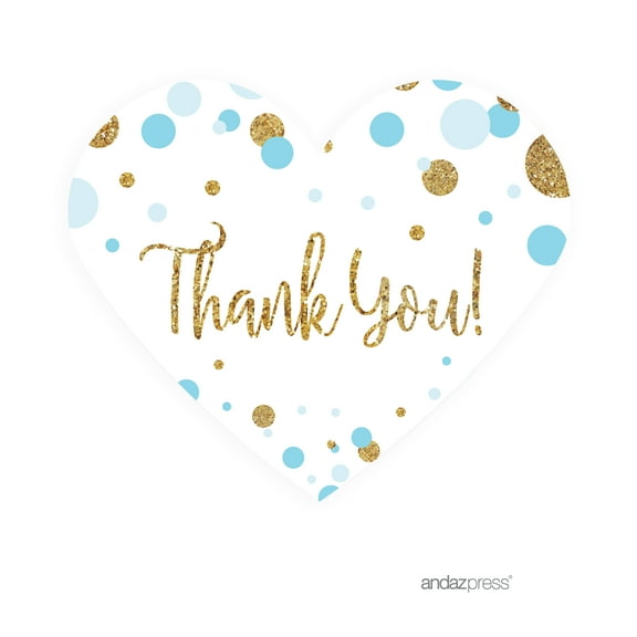 Baby Blue Gold Glitter Baby Shower Mini Heart Label Stickers, Thank You, 75-Pack