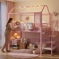 thumbnail image 2 of Miniyam Twin House Low Loft Bed Frame with Stairs, Charging Station and Storage Bag, Pink, 2 of 10