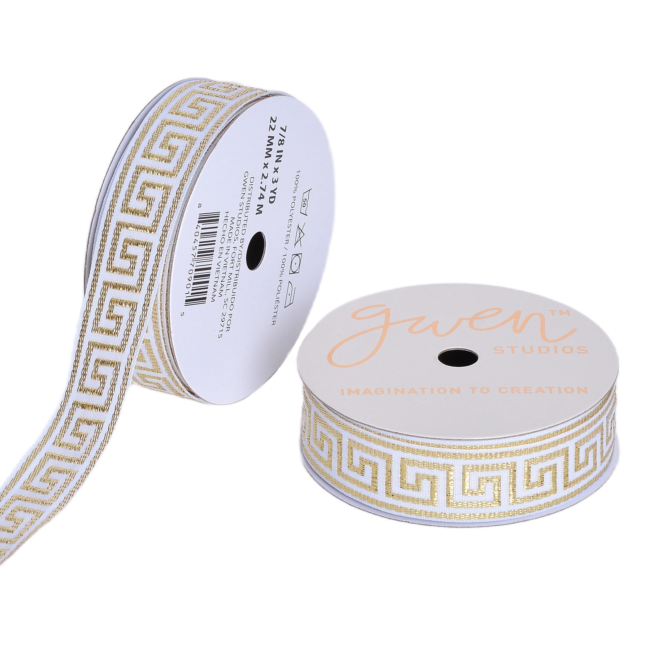 Gwen Studios 7/8" White and Gold Jacquard Ribbon, 3 Yards
