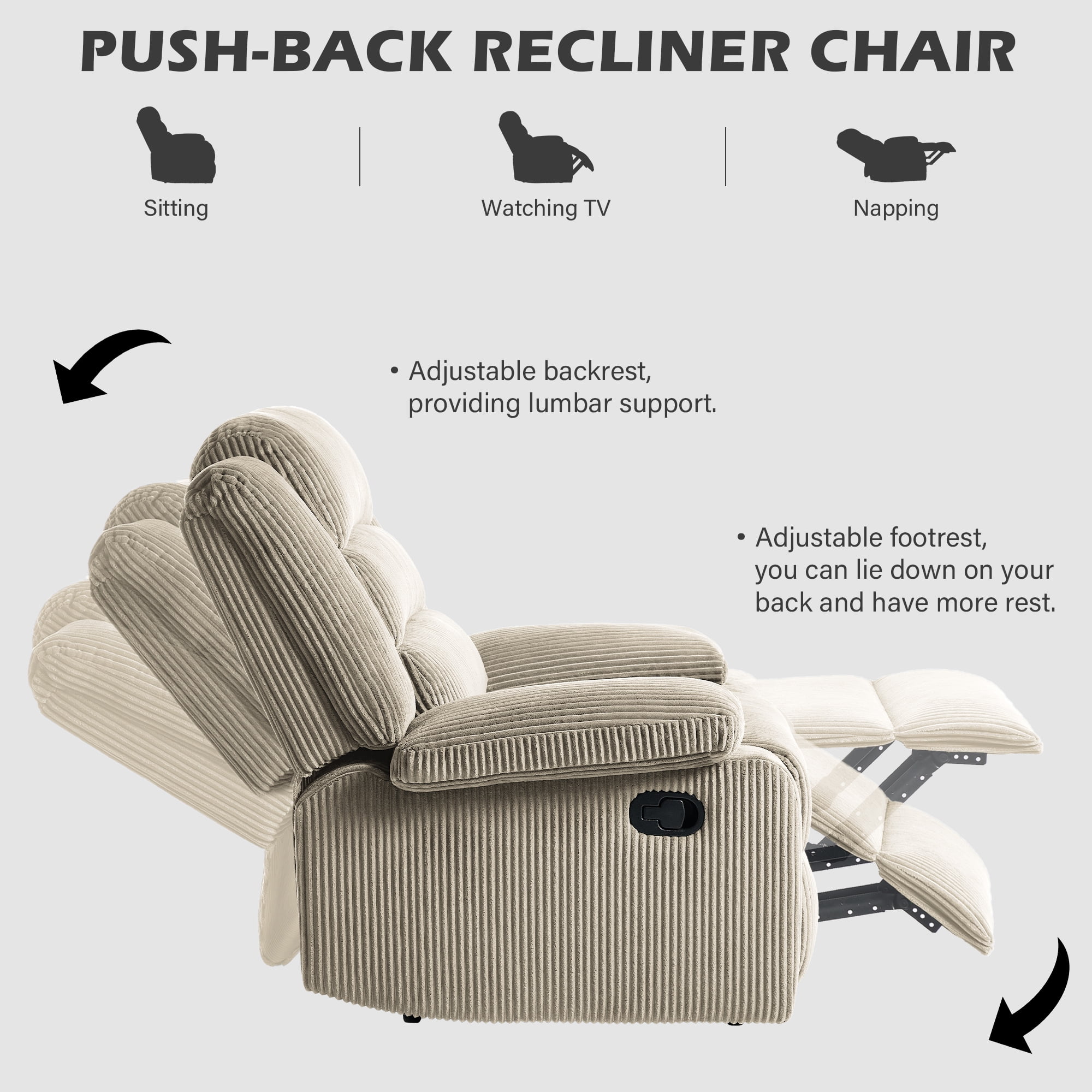 UIXE Manual Recliner Chair, Corduroy Reclining Sofa Chair with Overstuffed Armrests & Backrest for Living Room, Nursery Armchair Bedroom Reading Seat, Oatmeal