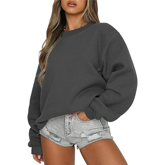 Mefallenssiah Fashion Women's Casual Long Sleeve Round Neck Ladies Loose Sweatshirt Tops Blouse Dark Gray XL