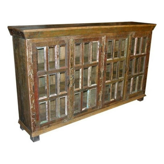 Pemberly Row Solid Wood 4 Door with Glass Inserts Buffet in Multi-Color