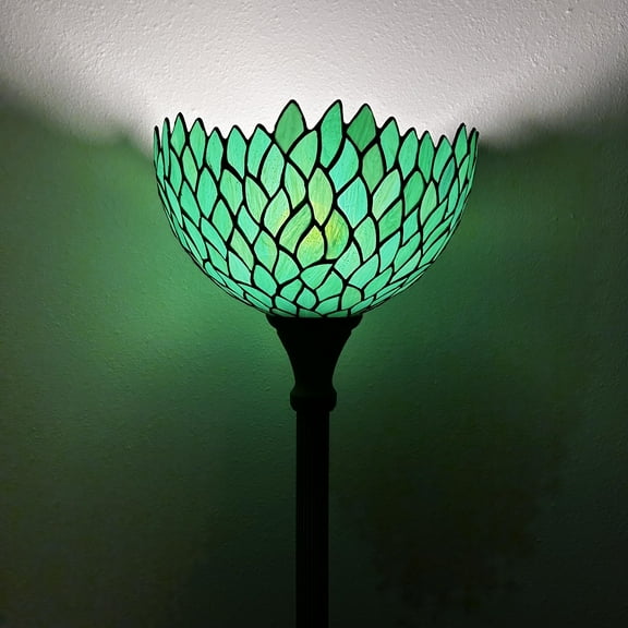 Tiffany Torch Floor Lamp Green Leaves Stained Glass LED Bulb Included for Living Room Dining Room Bedroom Office Hotel 12"W*12"D*66"H