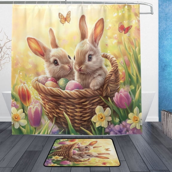 BZSMCE Shower Curtain and Bath Accessory Set,Cute Rabbit on Easter Basket Pattern