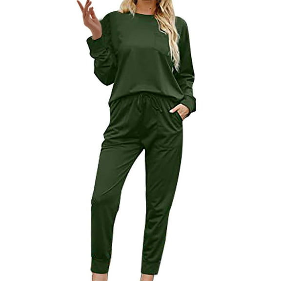 Cqxid525 Cotton Pajamas for Women Sets for Women 2 Jogger Pajama Long Sleeve Pants Loungewear Sweatsuits Casual Matching Outfits Green 1PC
