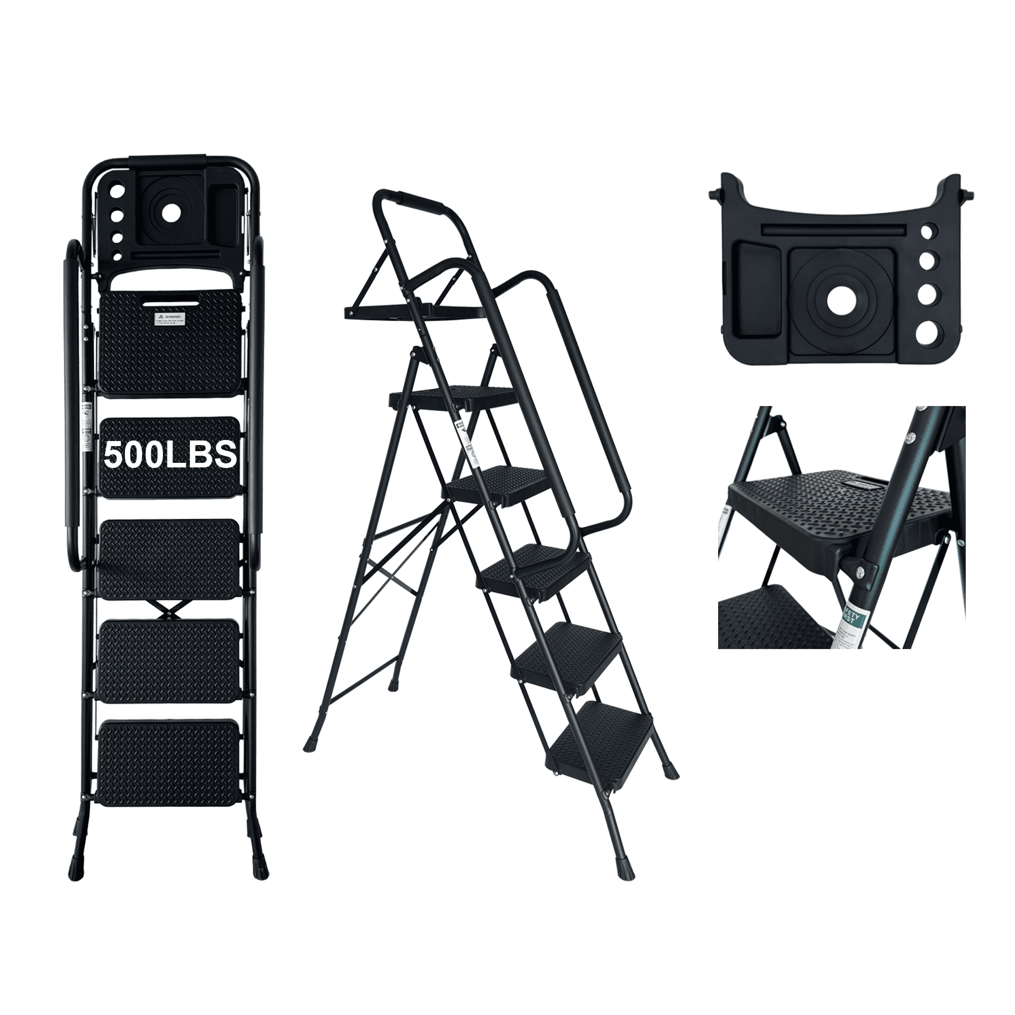 Step Ladder, Folding Step Stool with Wide Anti-Slip Pedal, Sturdy Steel Ladder, Convenient Handrail, Lightweight, Portable Steel Step Stool