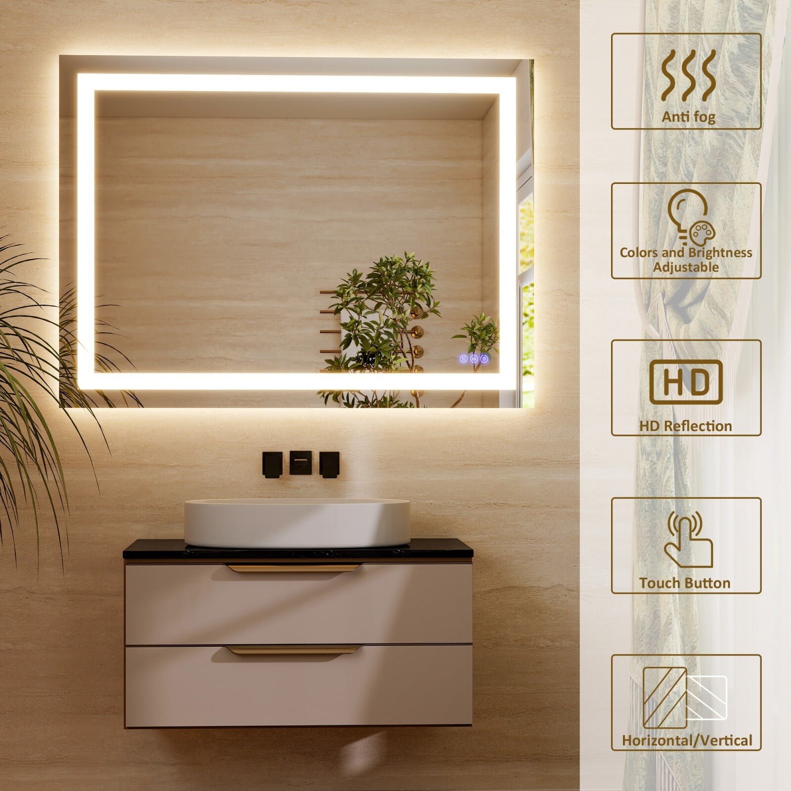 AUROMIR 36"x 48" LED Bathroom Vanity Mirror with Dimmable 3 Color Modes, White