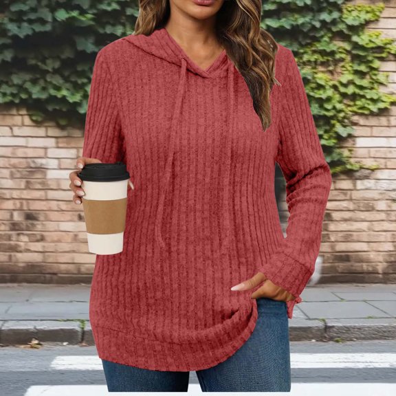 Kilaqueen Womens Soft Ribbed Knit Hooded Sweaters Casual Plus Size Lightweight Long Sleeve Pullover Shirts Cozy Fall Tops
