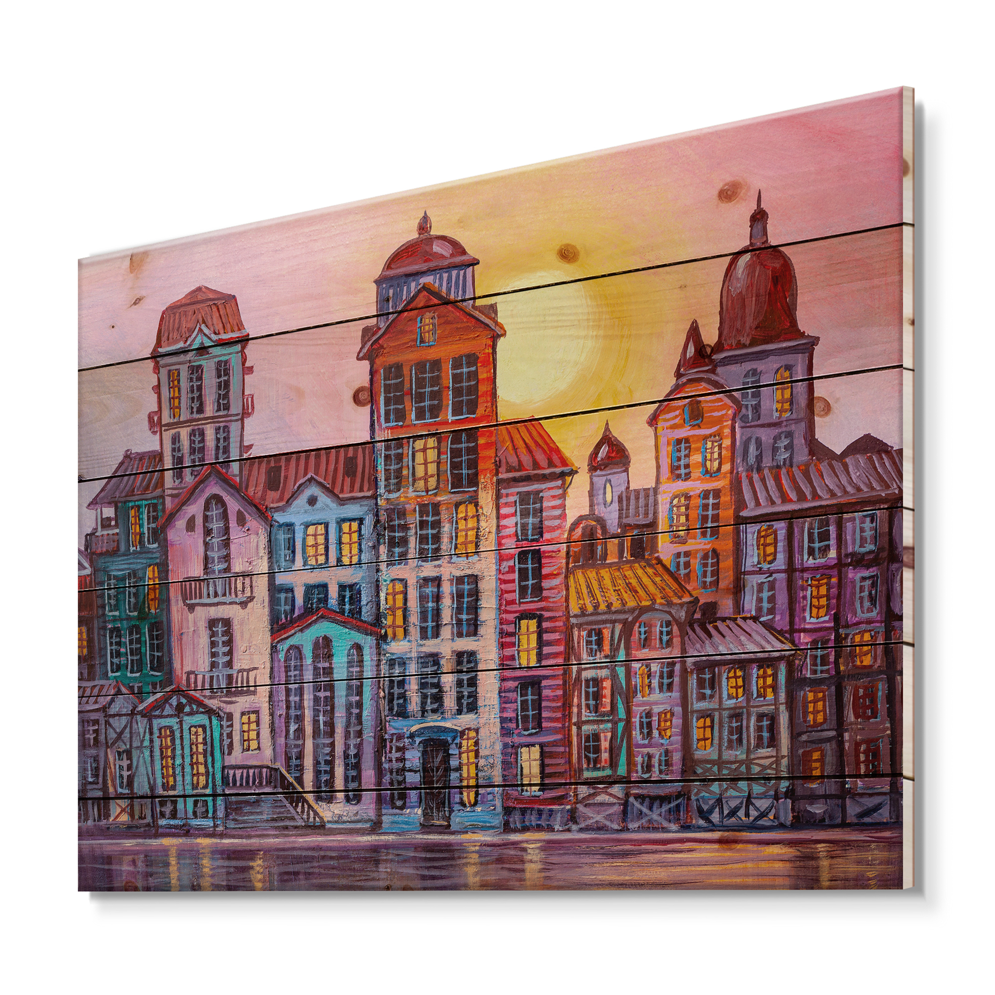 Designart 'Afternoon Street Scene In Old Town With Colorful Buildings' Mid-Century Modern Print on Natural Pine Wood