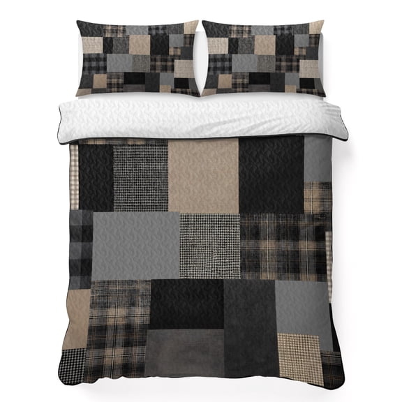 Quilts Twin XL Size Bedding Set, Gray Gingham Lightweight Quilted Comforter, Abstract Buffalo Plaid Solid Color Patchwork Reversible Bedspread Coverlet with Pillow Covers for All Season, 68" x 98"