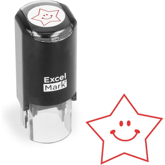 ExcelMark Round Teacher Stamp - Happy Star - RED Ink