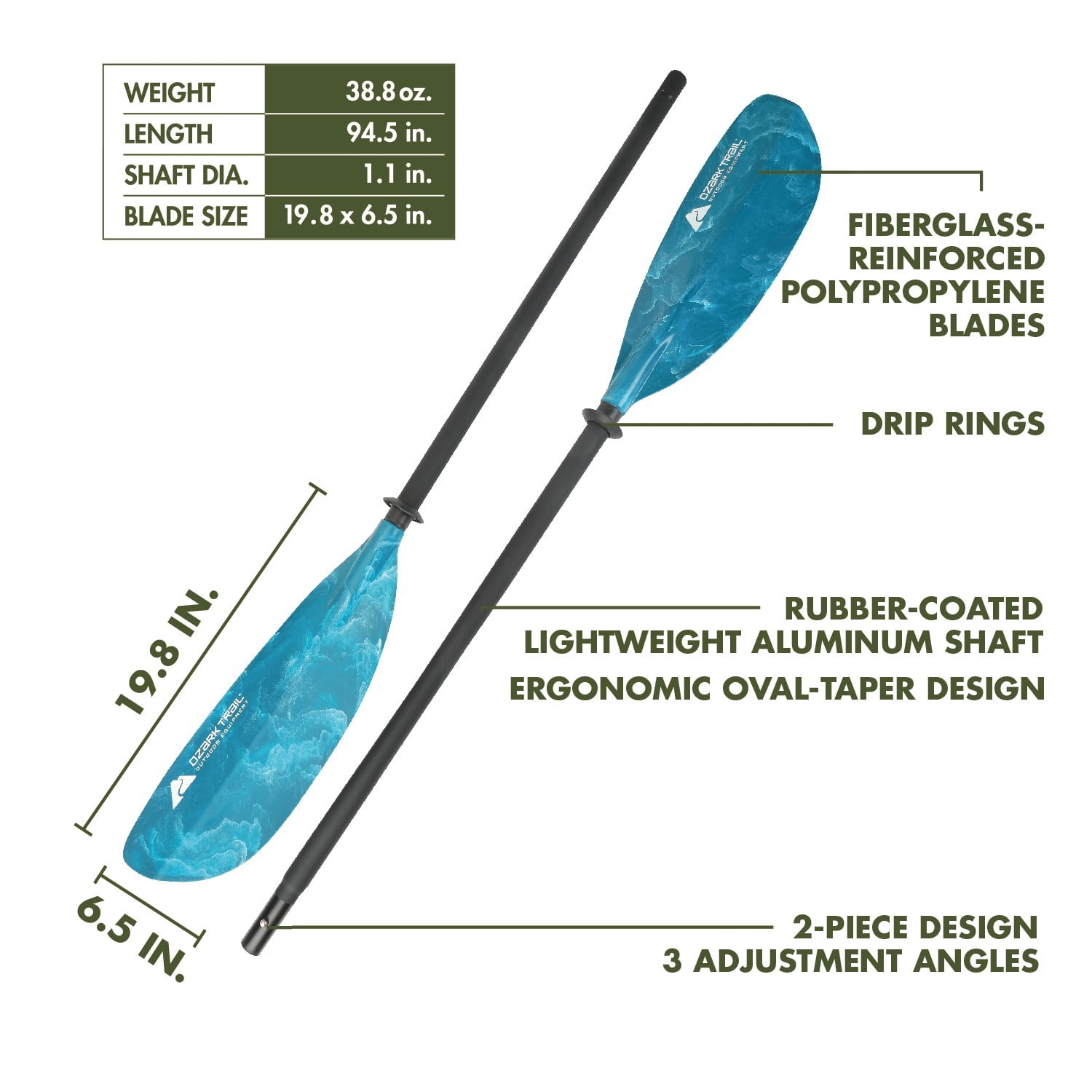 Ozark Trail Adult Recreation Paddle, Teal, 240 CM, Rubberized Grip, Adjustable