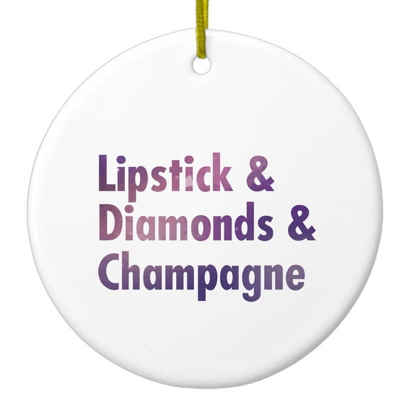 DistinctInk Hanging Ceramic Christmass Tree Ornament with Gold String - Great Gift / Present - 2 3/4 inch diameter - Lipstick & Diamonds & Champagne