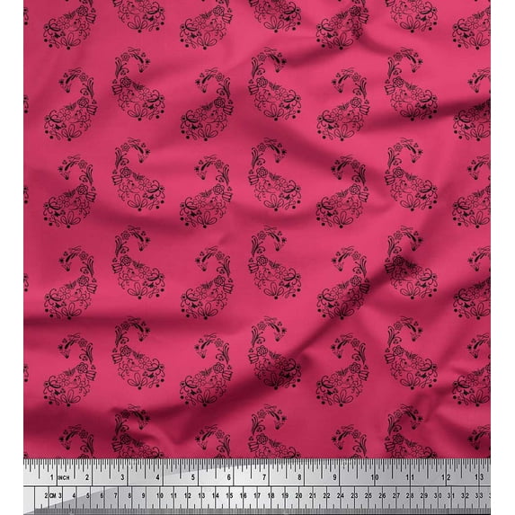 Soimoi Pink Cotton Poplin Fabric Black Sketch Floral & Paisley Decor Fabric Printed BTY 42 Inch Wide