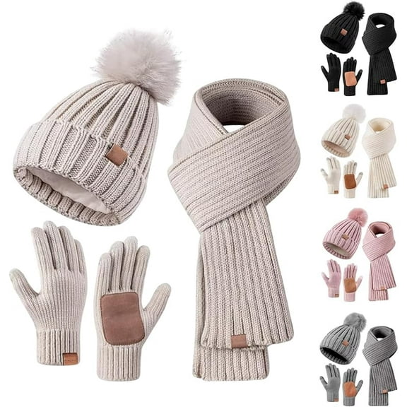 Womens Beanie Hat Scarf Gloves Set Warmer Hat with Pom Pom Long Knit Scarf Touchscreen Gloves for Cold Weather