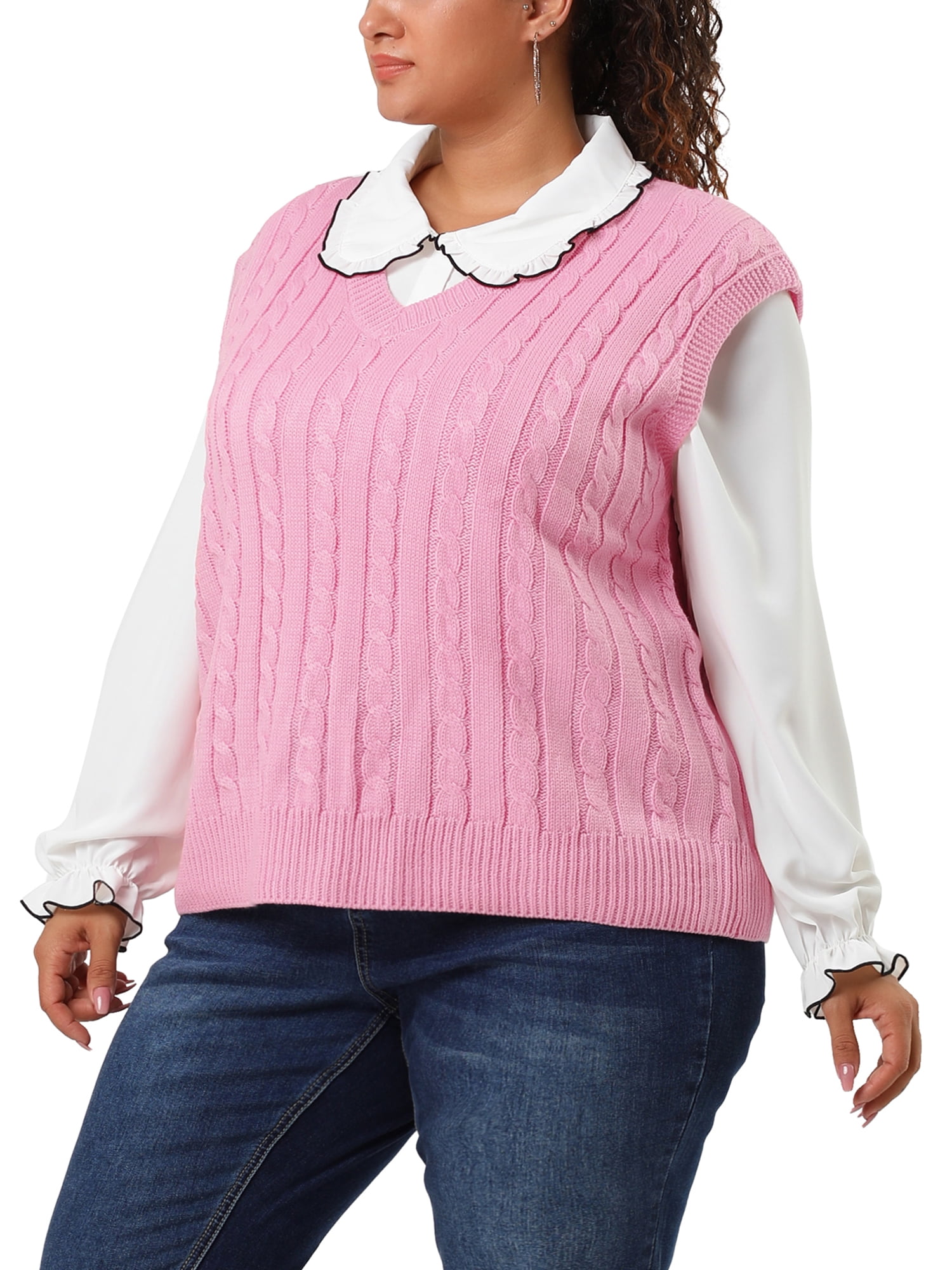 Unique Bargains Women's Plus Size V Neck Cable Knit Sweaters Tank Tops 4X Pink