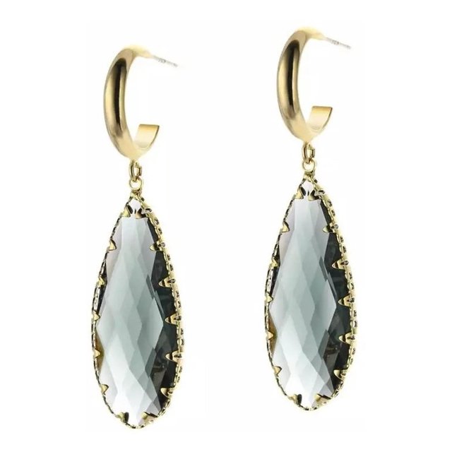 Aretes Largos Gota Cristal Azul Humo Oro Laminado 14k dorado Unitalla