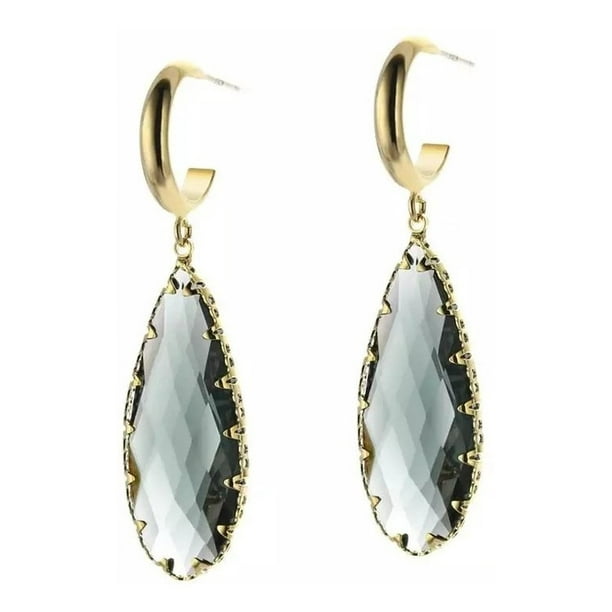 Aretes Largos Gota Cristal Azul Humo Oro Laminado 14k dorado Unitalla