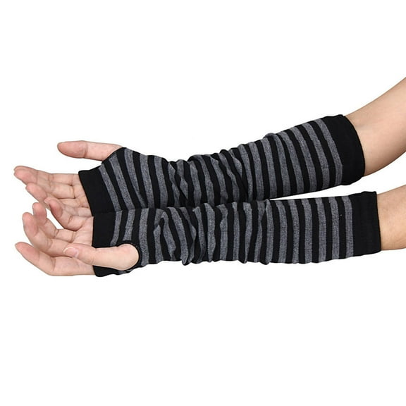 BLTIBY Womens Punk Gothic Long Arm Warmers Striped Fingerless Gloves Winter Knitted Stretchy Mittens Thumb Hole Wrist Warmer for Girls Gray Free Size