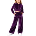 thumbnail image 5 of SHTXOZHI Velvet Outfits for Girls Cropped Long Sleeve Tops Matching Wide Leg Pants Shiny Loungewear 2 Piece Sets, 5 of 9