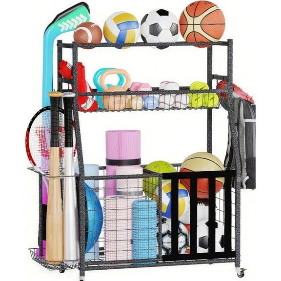 Sports Equipment Storage, Ball Storage, Ball Holder, Garage Sports Organizer with Basket and Hooks, Rolling Sports Ball Storage with Wheels for Toy Sports Gear Storage, Black