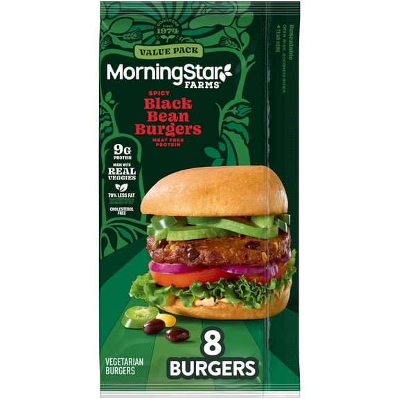 MorningStar Farms Spicy Plant Based Black Bean Burgers, Vegetarian, 18.9 oz, 8 Count (Frozen)