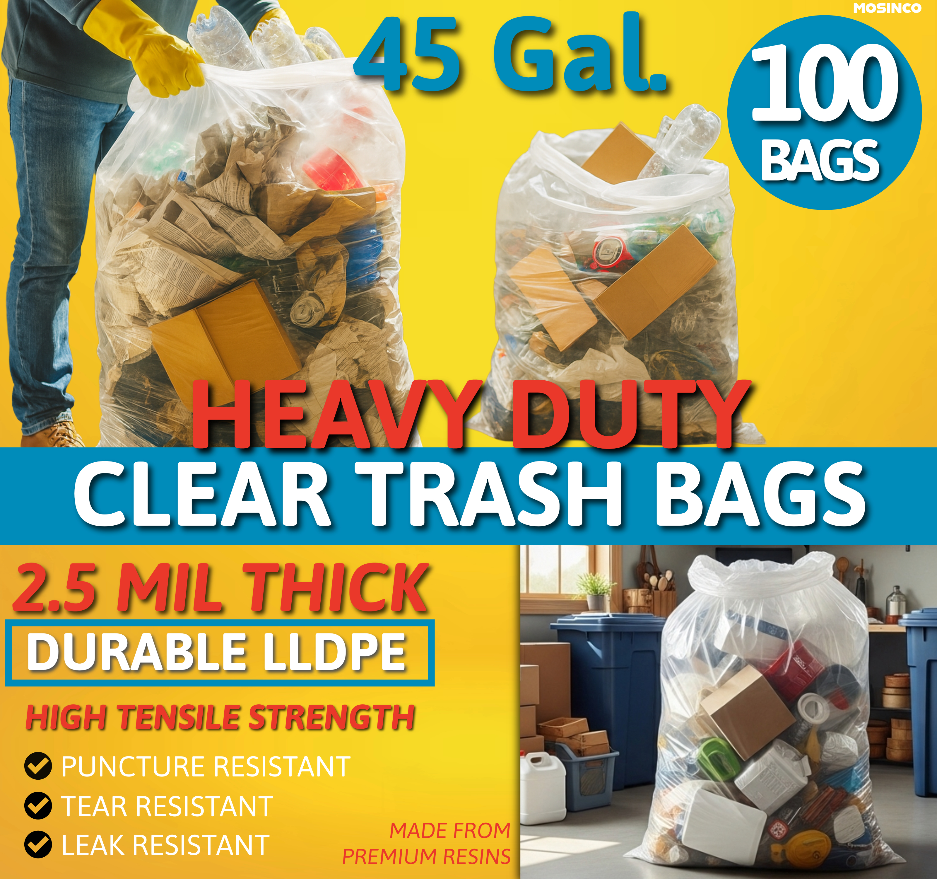 Large Clear Heavy Duty Recycle Trash Bags, 45 Gallon, 100 Count