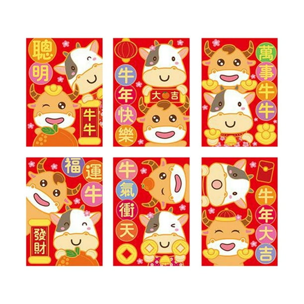 6 sobres rojos chinos, 2021 año de nuevo año de buey Hong Bao paquetes de dinero de el , boda, cumpleaños de Estilo6