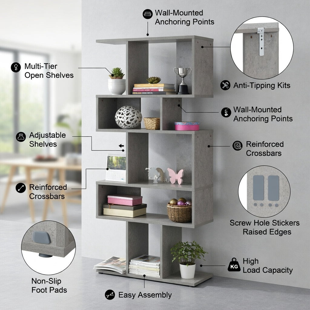 Topcobe 5 Cubes Ladder Shelf Corner Bookshelf Display Rack Bookcase, Tall Bookshelf Modern Book Case for Books, CDs, Movies, Gray