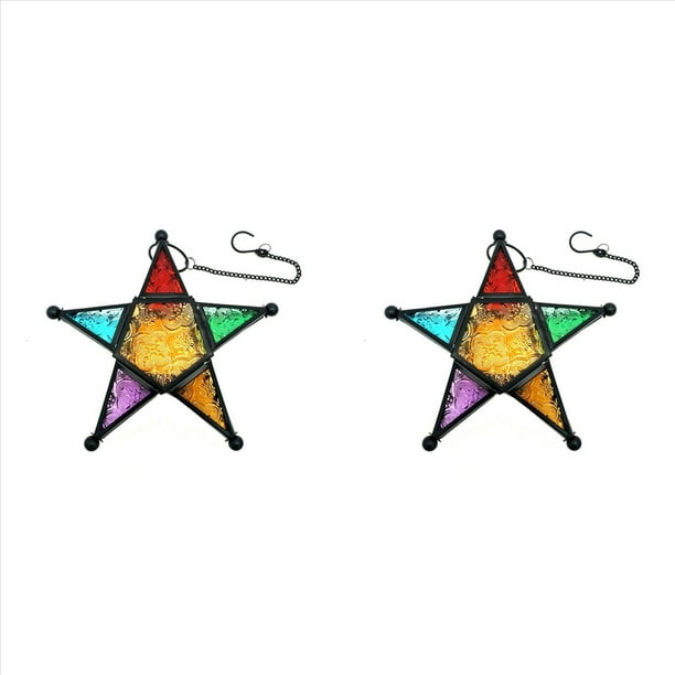 2X Farol de Vela Colgante, Portavelas de Vidrio con Forma de Estrella de Cinco Puntas de Estilo Marroquí para Bodas, Jardín, Negro
