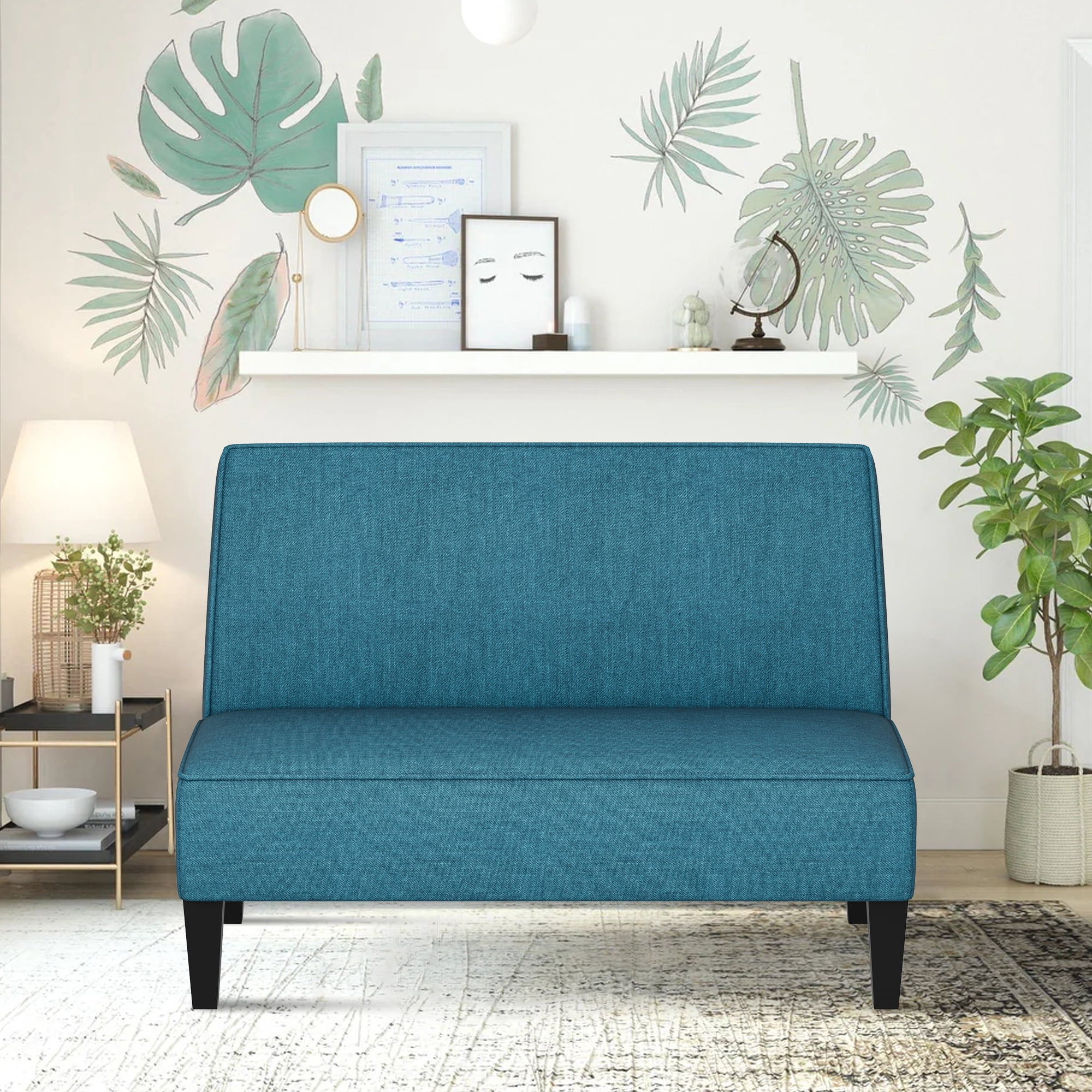 Andeworld Linen Loveseat Sofa Couch Upholstered Small Loveseat for Bedroom Armless Living Room Chairs Cushioned 2-Seater Settee loveseat (Blue)