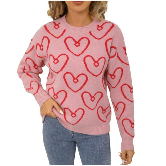 Women Cute Heart Sweaters Crew Neck Valentines Day Sweater Long Sleeve Casual Ribbed Knit Pullover Top Pink, S
