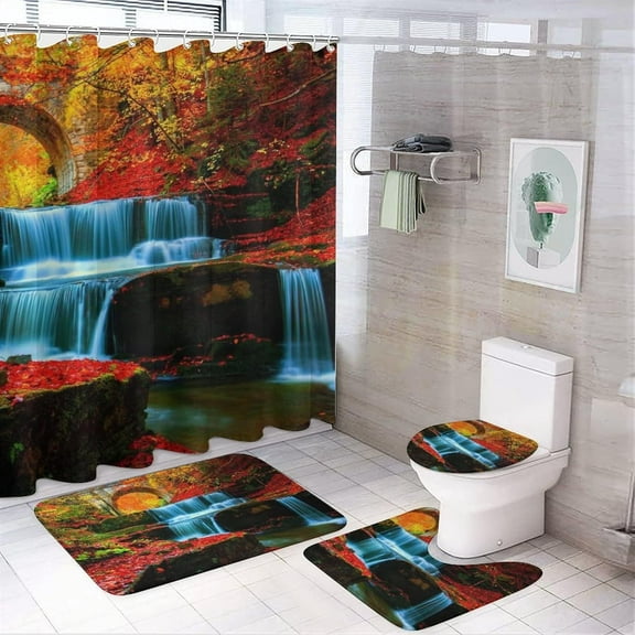 4 Pcs Elk in The Forest Shower Curtain Sets with Non-Slip Rugs, Toilet Lid Cover and Bath Mat, Fall Natural Scenery Shower Curtains with 12 Hooks, Waterproof Polyester Shower Curtains for Bathroom