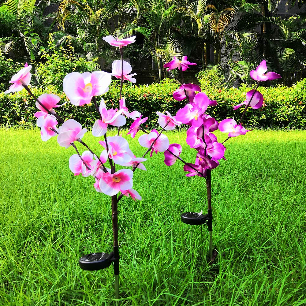 EpicGadget (2 Pack) Solar Orchid Flower Light, Outdoor Solar Flower Garden Decorative Stake Lights for Walkway Pathway Backyard Garden Christmas Decoration Parties (Warm White)