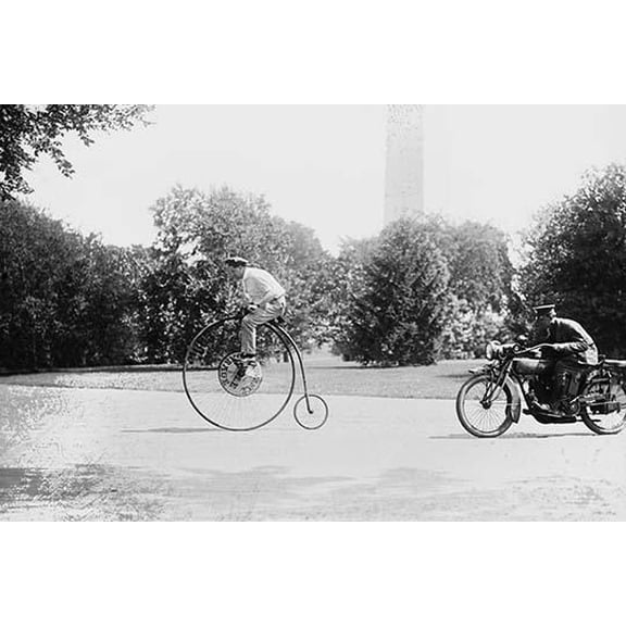 Motorcycle cop chases a Penny Farthing Velocipede- Fine Art Canvas Print (20" x 30")
