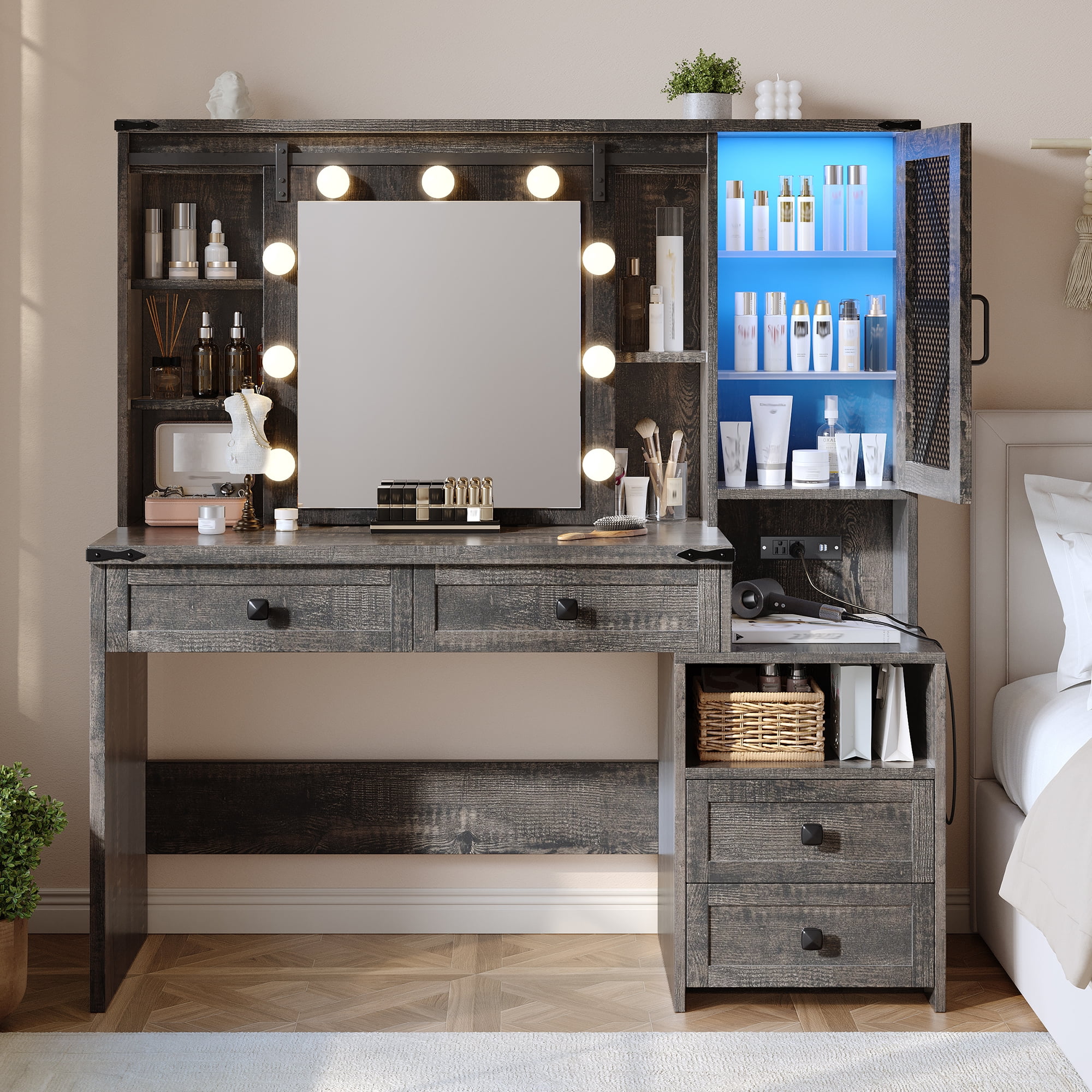 Farmhouse Makeup Vanity with Sliding Mirror & Lights Large Vanity Desk with Charge Station Dressing Table with 4 Drawers & 2 Cabinets, Dark Rustic Oak