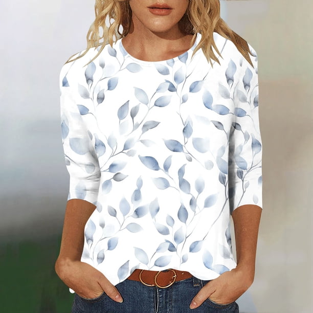 3/4 Manga Túnica Tops para las Mujeres Impreso Cuello Redondo Suelto Casual Blusa Estiramiento Suave, 3/4 Manga Casual Tops para las Mujeres